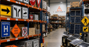 warehouse full of safe road products with a logo in the wall multisigns.